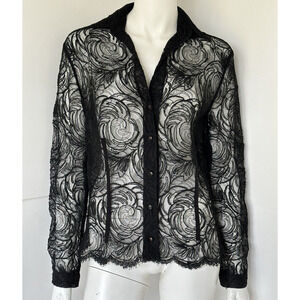 Peter Soronen Sheer Black Lace Long Sleeve Shirt Blouse Size 10